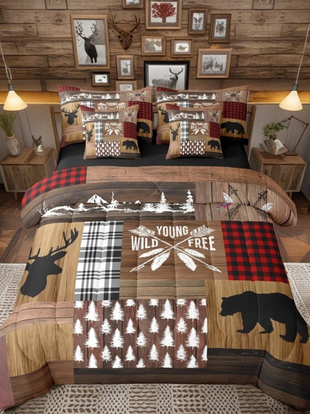 7 Piece Retro Cabin Bedding Set Queen Size Rustic Farmhouse